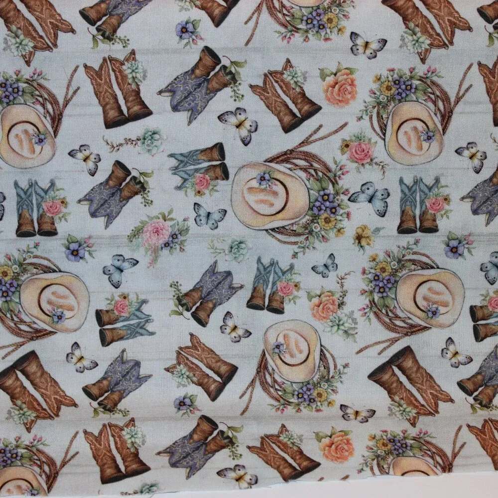 One Yard Cotton Fabric TOSSED BOOTS Cowboy Boots Hats Flowers on Blue